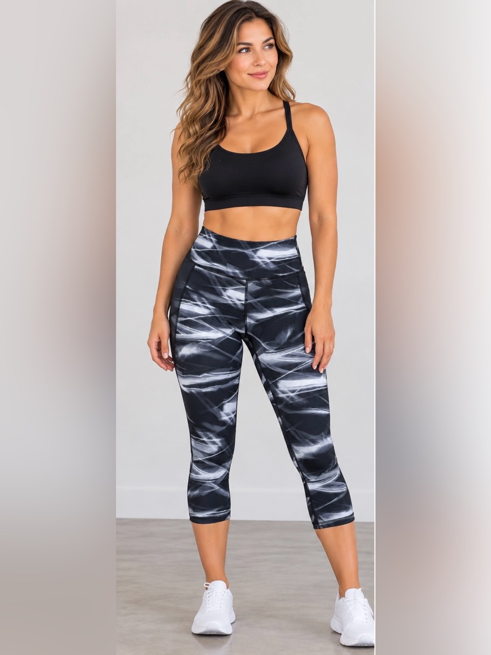 High-Waist Abstract Black Capri Leggings with Side Pockets